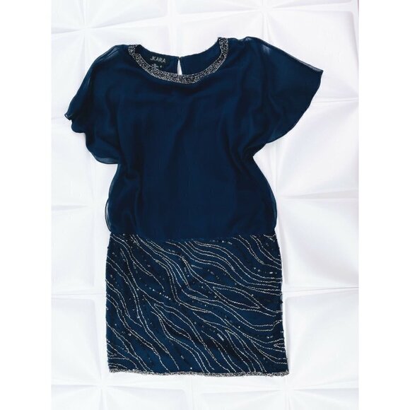 Jkara Sz 6 Navy Blue Beaded Chiffon Blouson Formal Dress Evening Flutter Sleeve - Picture 3 of 12